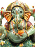 Majestic Green Aventurine Handmade Carving of Ganesh - Handpainted Lord Ganesha Idol in Crystals and Gemstones - Reiki - 14 inch and 13.5 kg