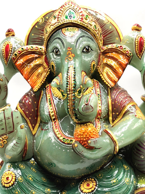Majestic Green Aventurine Handmade Carving of Ganesh - Handpainted Lord Ganesha Idol in Crystals and Gemstones - Reiki - 14 inch and 13.5 kg
