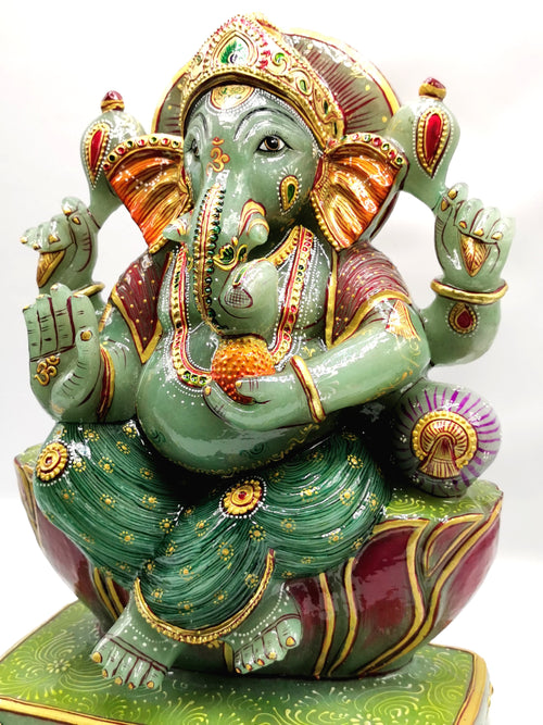 Majestic Green Aventurine Handmade Carving of Ganesh - Handpainted Lord Ganesha Idol in Crystals and Gemstones - Reiki - 14 inch and 13.5 kg