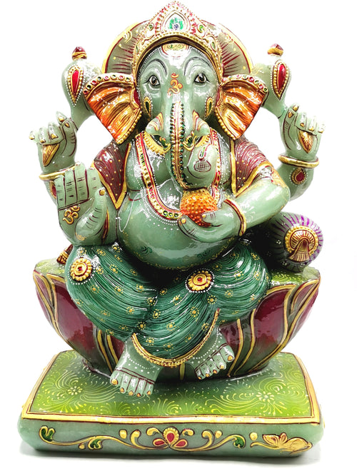 Majestic Green Aventurine Handmade Carving of Ganesh - Handpainted Lord Ganesha Idol in Crystals and Gemstones - Reiki - 14 inch and 13.5 kg