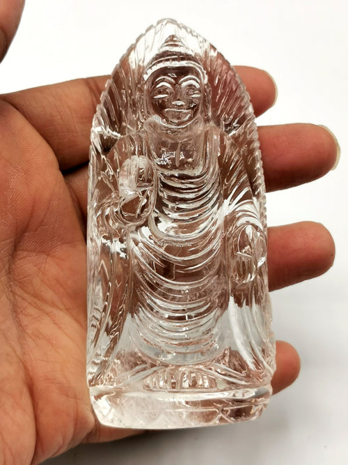 Clear Quartz/Clear Crystal Buddha - handmade carving of serene and meditating Lord Buddha - crystal/reiki/healing - 4 inches and 140 gms