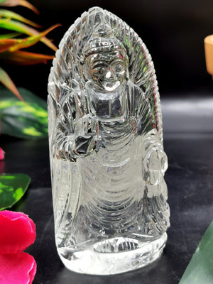 Clear Quartz/Clear Crystal Buddha - handmade carving of serene and meditating Lord Buddha - crystal/reiki/healing - 4 inches and 140 gms