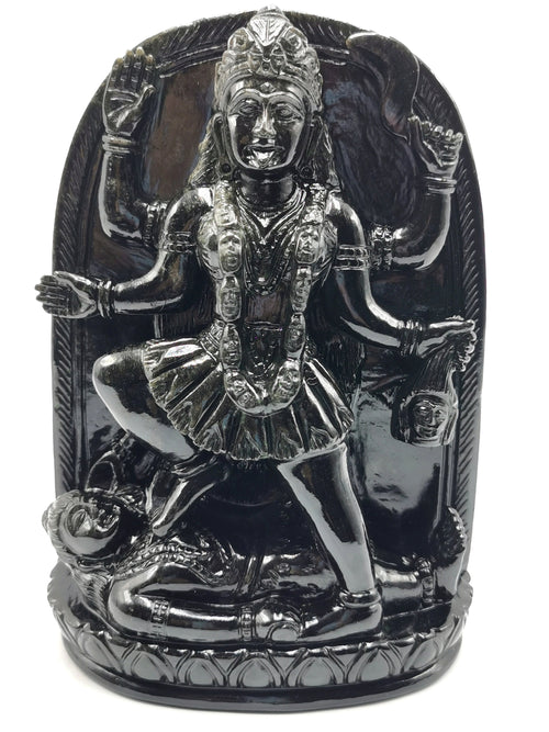 Goddess Kaali statue/ carving in black obsidian - Maa Devi Kali idol/murti in gemstones and crystals - 8 inches and 1.63 kgs (3.59 lb)