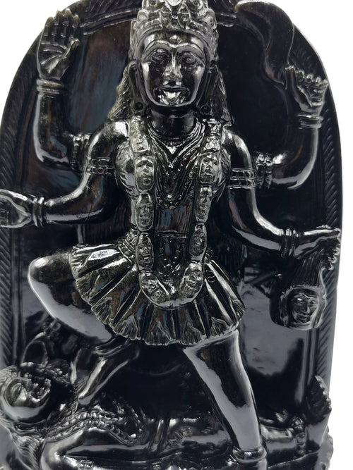 Goddess Kaali statue/ carving in black obsidian - Maa Devi Kali idol/murti in gemstones and crystals - 8 inches and 1.63 kgs (3.59 lb)
