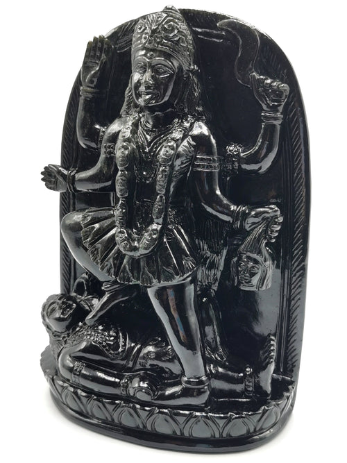 Goddess Kaali statue/ carving in black obsidian - Maa Devi Kali idol/murti in gemstones and crystals - 8 inches and 1.63 kgs (3.59 lb)