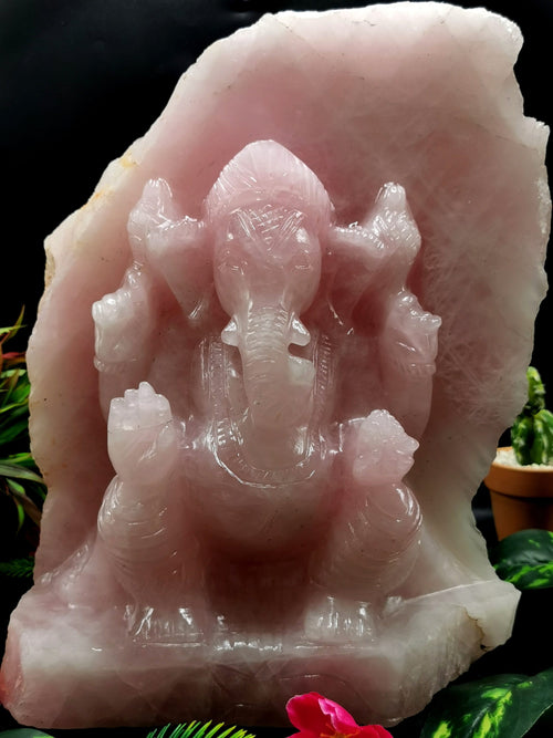 Large Ganesh Carving Handmade in Rose Quartz - Lord Ganesha Idol |Sculpture in Crystals and Gemstones -Reiki/Chakra - 12.5 inch and 13 kgs