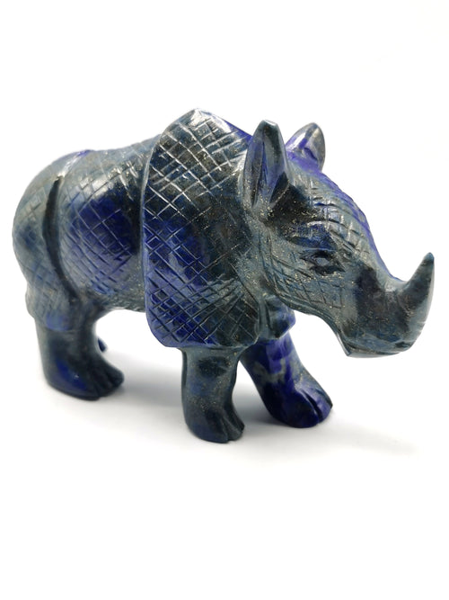 Beautifully hand carved rhinoceros carving on natural lapis lazuli stone - reiki/energy/chakra - 6 inches long and 755 gms (1.66 lb)