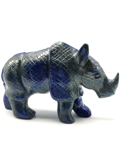 Beautifully hand carved rhinoceros carving on natural lapis lazuli stone - reiki/energy/chakra - 6 inches long and 755 gms (1.66 lb)