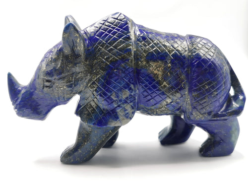 Beautifully hand carved rhinoceros carving on natural lapis lazuli stone - reiki/energy/chakra - 6 inches long and 755 gms (1.66 lb)
