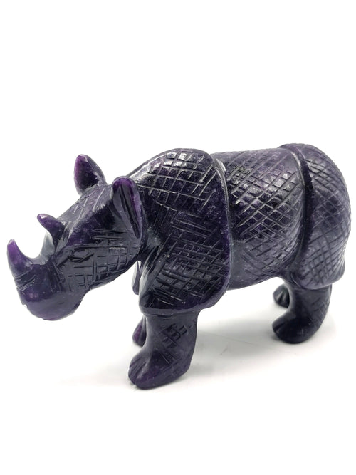 Beautifully hand carved rhinoceros carving on natural lepidolite stone - reiki/energy/chakra - 6 inches long and 720 gms (1.58 lb)