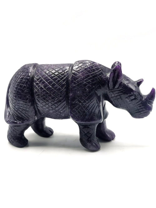 Beautifully hand carved rhinoceros carving on natural lepidolite stone - reiki/energy/chakra - 6 inches long and 720 gms (1.58 lb)