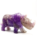 Beautifully hand carved rhinoceros carving on natural amethyst stone - reiki/energy/chakra - 7 inches long and 760 gms (1.67 lb)