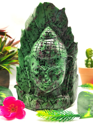 Ruby ziosite hand carved Buddha Head - carving of serene and meditating Lord Buddha - crystal/reiki/chakra - 7 inch and 3.15 kg (6.93 lb)