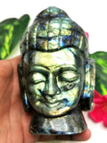 Labradorite Buddha Head - handmade carving of serene and meditating Lord Buddha - crystal/reiki/chakra - 5 inches and 660 gms (1.45 lb)