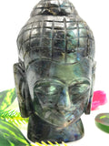 Labradorite Buddha Head - handmade carving of serene and meditating Lord Buddha - crystal/reiki/chakra - 5 inches and 660 gms (1.45 lb)