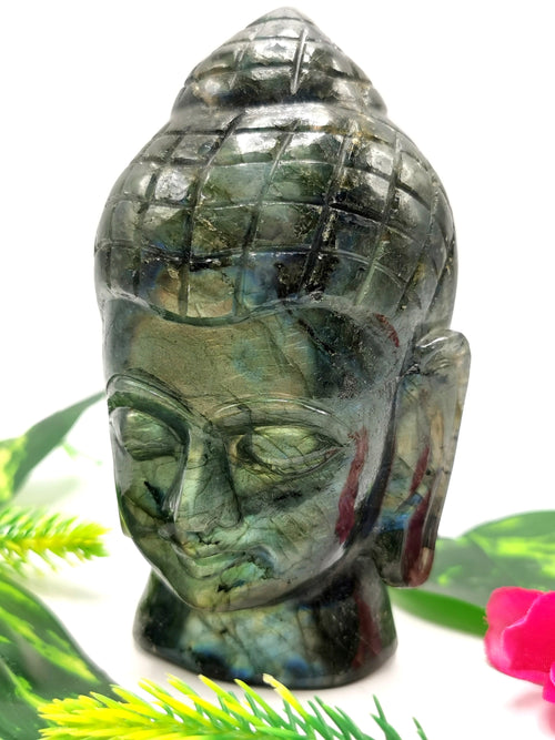 Labradorite Buddha Head - handmade carving of serene and meditating Lord Buddha - crystal/reiki/chakra - 5 inches and 660 gms (1.45 lb)