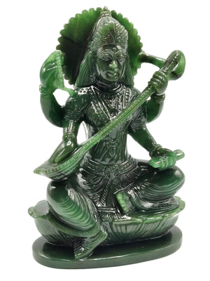 Exquisite Saraswati carving in Columbian jade stone - Goddess of Learning idol/statue in gemstones and crystals -5.5 in and 640 gm (1.41 lb)