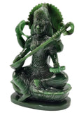 Exquisite Saraswati carving in Columbian jade stone - Goddess of Learning idol/statue in gemstones and crystals -5.5 in and 640 gm (1.41 lb)
