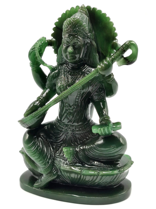 Exquisite Saraswati carving in Columbian jade stone - Goddess of Learning idol/statue in gemstones and crystals -5.5 in and 640 gm (1.41 lb)