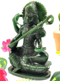 Exquisite Saraswati carving in Columbian jade stone - Goddess of Learning idol/statue in gemstones and crystals -5.5 in and 640 gm (1.41 lb)