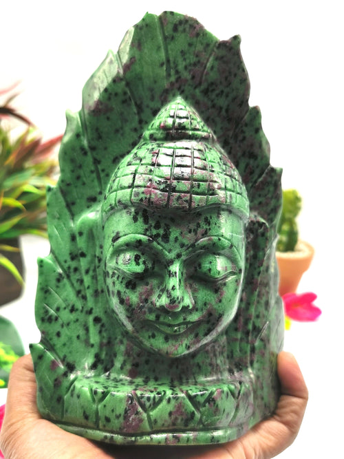 Ruby ziosite hand carved Buddha Head - carving of serene and meditating Lord Buddha - crystal/reiki/chakra - 7 inch and 3.15 kg (6.93 lb)