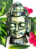 Labradorite Buddha Head - handmade carving of serene and meditating Lord Buddha - crystal/reiki/chakra - 5 inches and 660 gms (1.45 lb)