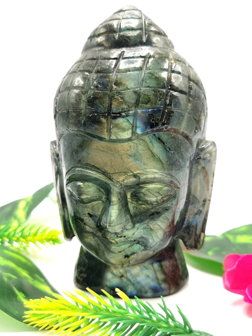 Labradorite Buddha Head - handmade carving of serene and meditating Lord Buddha - crystal/reiki/chakra - 5 inches and 660 gms (1.45 lb)