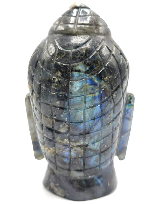 Labradorite Buddha Head - handmade carving of serene and meditating Lord Buddha - crystal/reiki/chakra - 5 inches and 660 gms (1.45 lb)