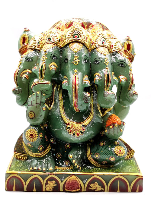 Panchamukhi Ganesh statiue in Green Aventurine stone with handpainting- Lord Ganesha Idol- Reiki/Chakra/Healing - 10 in and 9 kg (19.8 lb)