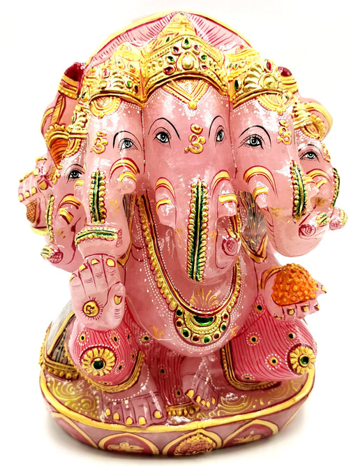 Rose Quartz Handmade handpainted carving of Panchmukhi Ganesh - Lord Ganesha Idol | Sculpture - Reiki/Chakra/Healing - 8.5 in and 6.3 kg