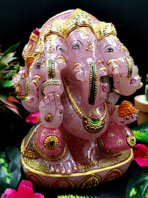 Rose Quartz Handmade handpainted carving of Panchmukhi Ganesh - Lord Ganesha Idol | Sculpture - Reiki/Chakra/Healing - 8.5 in and 6.3 kg