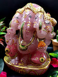 Rose Quartz Handmade handpainted carving of Panchmukhi Ganesh - Lord Ganesha Idol | Sculpture - Reiki/Chakra/Healing - 8.5 in and 6.3 kg