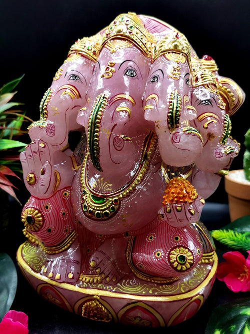 Rose Quartz Handmade handpainted carving of Panchmukhi Ganesh - Lord Ganesha Idol | Sculpture - Reiki/Chakra/Healing - 8.5 in and 6.3 kg