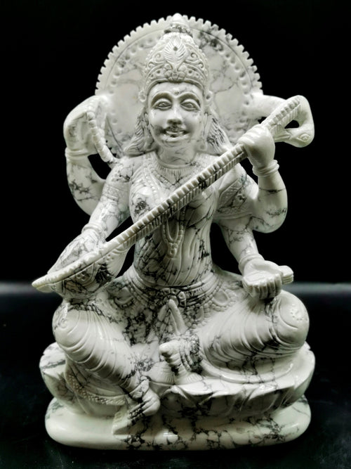 Large and majestic Saraswati carving in howlite - Goddess of Learning idol/statue in gemstones and crystals - 8.5 in and 2.67 kg (5.87 lb)