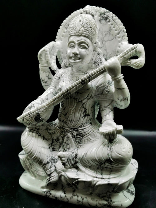 Large and majestic Saraswati carving in howlite - Goddess of Learning idol/statue in gemstones and crystals - 8.5 in and 2.67 kg (5.87 lb)