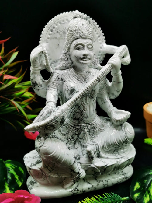 Large and majestic Saraswati carving in howlite - Goddess of Learning idol/statue in gemstones and crystals - 8.5 in and 2.67 kg (5.87 lb)