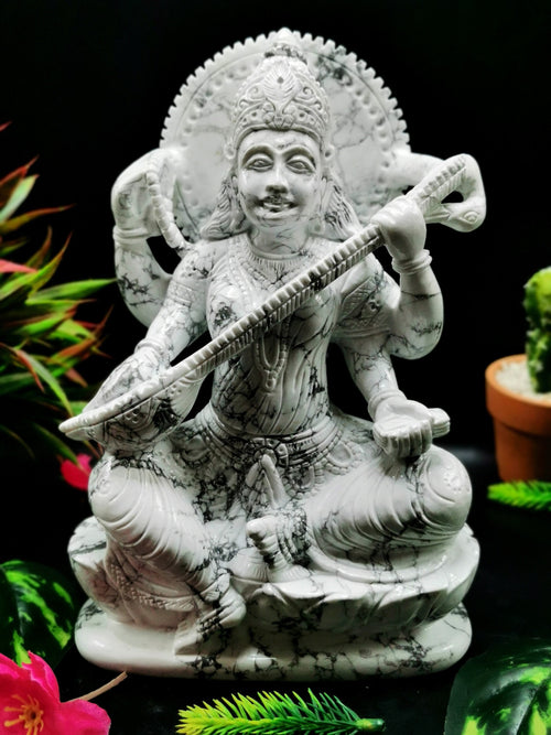 Large and majestic Saraswati carving in howlite - Goddess of Learning idol/statue in gemstones and crystals - 8.5 in and 2.67 kg (5.87 lb)