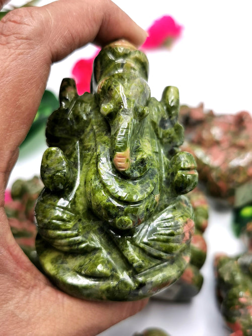 Unakite Handmade Carving of Ganesh - Lord Ganesha Idol/Murti in Crystals and Gemstones - Reiki/Chakra/Healing - 3 inches and 220 gms | ONE STATUE ONLY