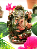 Unakite Handmade Carving of Ganesh - Lord Ganesha Idol/Murti in Crystals and Gemstones - Reiki/Chakra/Healing - 3 inches and 220 gms | ONE STATUE ONLY