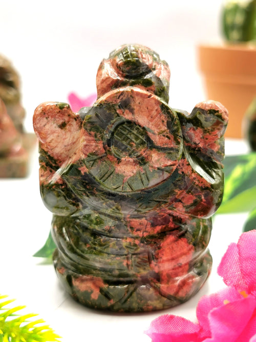 Unakite Handmade Carving of Ganesh - Lord Ganesha Idol/Murti in Crystals and Gemstones - Reiki/Chakra/Healing - 3 inches and 220 gms | ONE STATUE ONLY