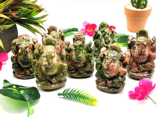 Unakite Handmade Carving of Ganesh - Lord Ganesha Idol/Murti in Crystals and Gemstones - Reiki/Chakra/Healing - 3 inches and 220 gms | ONE STATUE ONLY