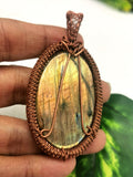 Jewelry Pendant in Labradorite Crystal with peacock carving in intricate copper wire wrap -gemstone/crystal jewelry|Wedding/Anniversary/Birthday gift