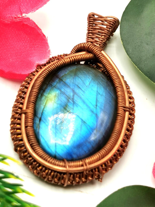 Gemstone jewelry - Labradorite gemstone pendant in intricate copper wire wrap - gemstone/crystal jewelry | Wedding/Anniversary/Birthday gift