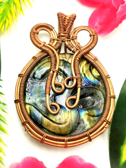 Labradorite Pendant with carving of OM symbol in intricate copper wire wrap - gemstone/crystal jewelry | Wedding/Anniversary/Birthday gift