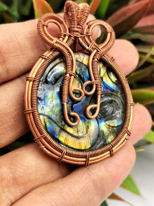 Labradorite Pendant with carving of OM symbol in intricate copper wire wrap - gemstone/crystal jewelry | Wedding/Anniversary/Birthday gift