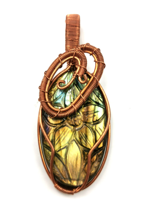 Amazing Labradorite Pendant with floral carving in intricate copper wire wrap - gemstone/crystal jewelry | Wedding/Anniversary/Birthday gift