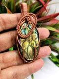 Amazing Labradorite Pendant with floral carving in intricate copper wire wrap - gemstone/crystal jewelry | Wedding/Anniversary/Birthday gift