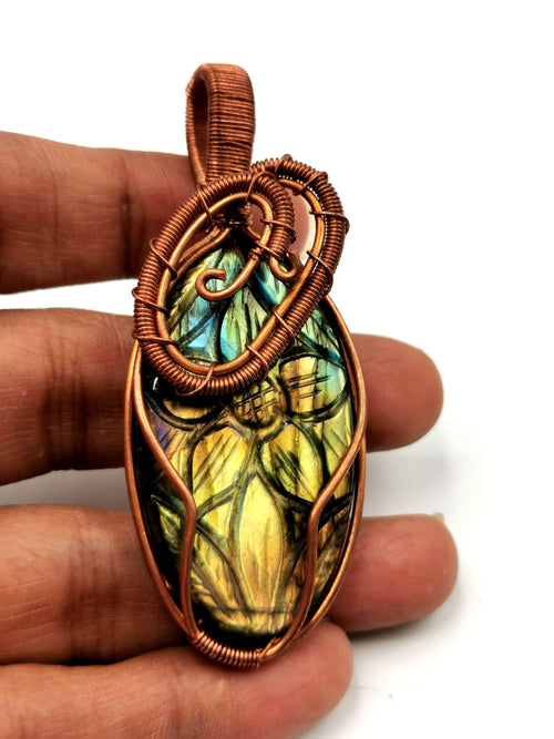 Amazing Labradorite Pendant with floral carving in intricate copper wire wrap - gemstone/crystal jewelry | Wedding/Anniversary/Birthday gift