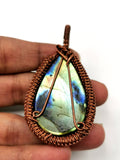 Stunning Labradorite Pendant with floral carving in intricate copper wire wrap - gemstone/crystal jewelry | Wedding/Anniversary/Birthday gift