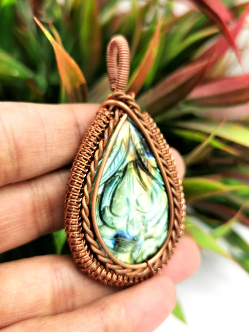 Stunning Labradorite Pendant with floral carving in intricate copper wire wrap - gemstone/crystal jewelry | Wedding/Anniversary/Birthday gift